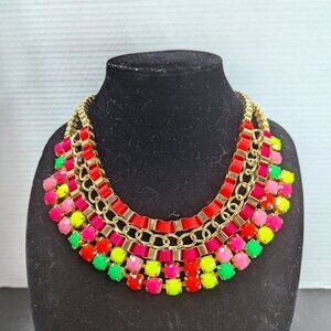 Statement Y2K Necklace Multicolour Rainbow Bib Gold Tone Colourful Festival